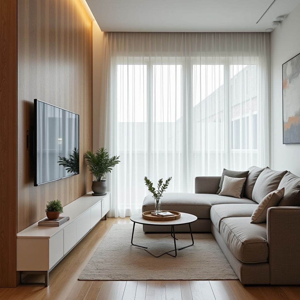 Modern living room with a gray sectional sofa, wooden panel wall, and large window with sheer curtains.