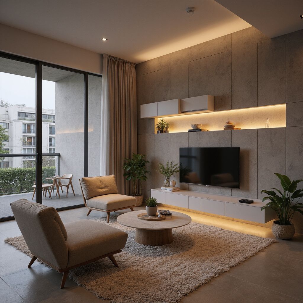 Modern living room with neutral tones, floating shelves, and balcony access.