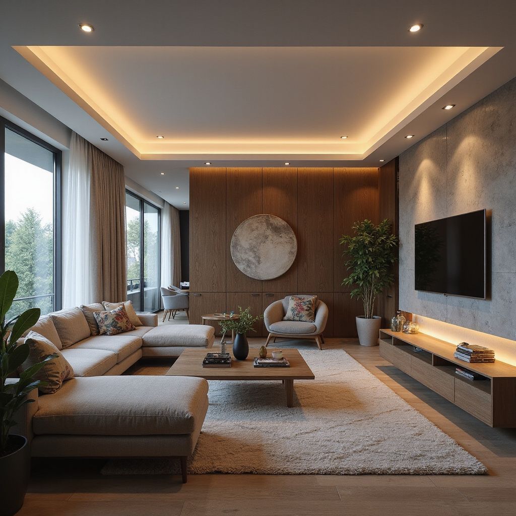 Modern living room with sectional sofa, wood accents, and large windows.