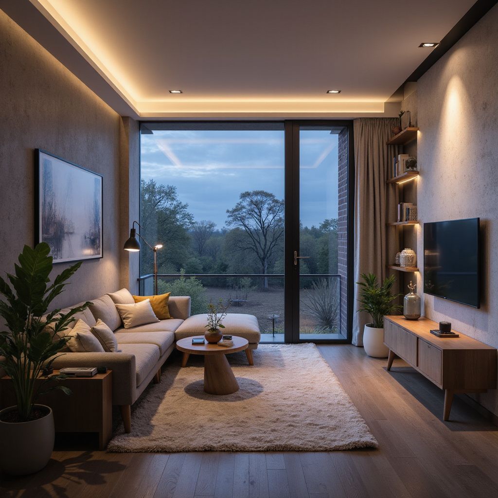 Cozy living room with a large window overlooking a natural landscape. Furnished with a couch, rug, and wooden furniture.