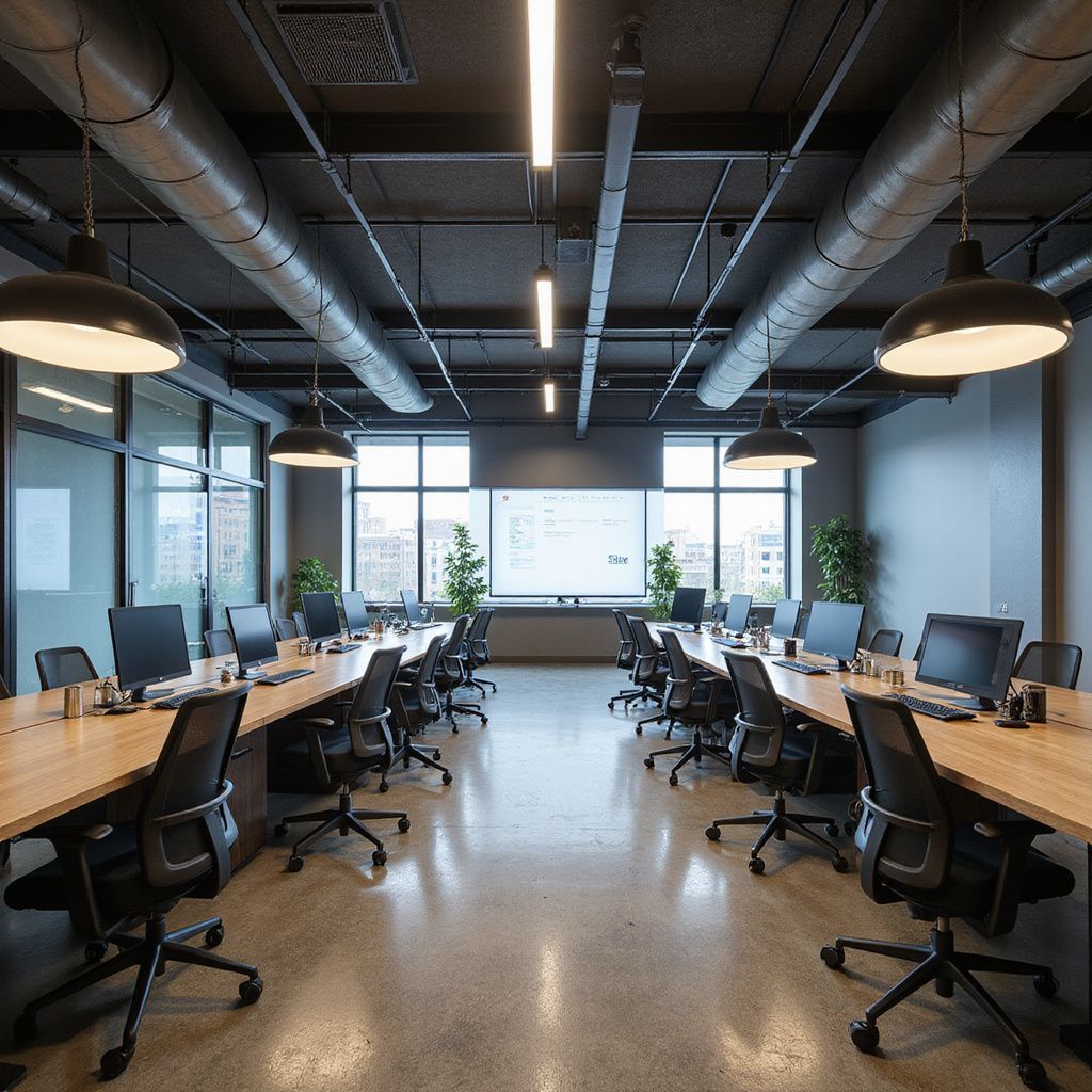 Modern office with rows of desks and chairs, windows, and hanging lights.