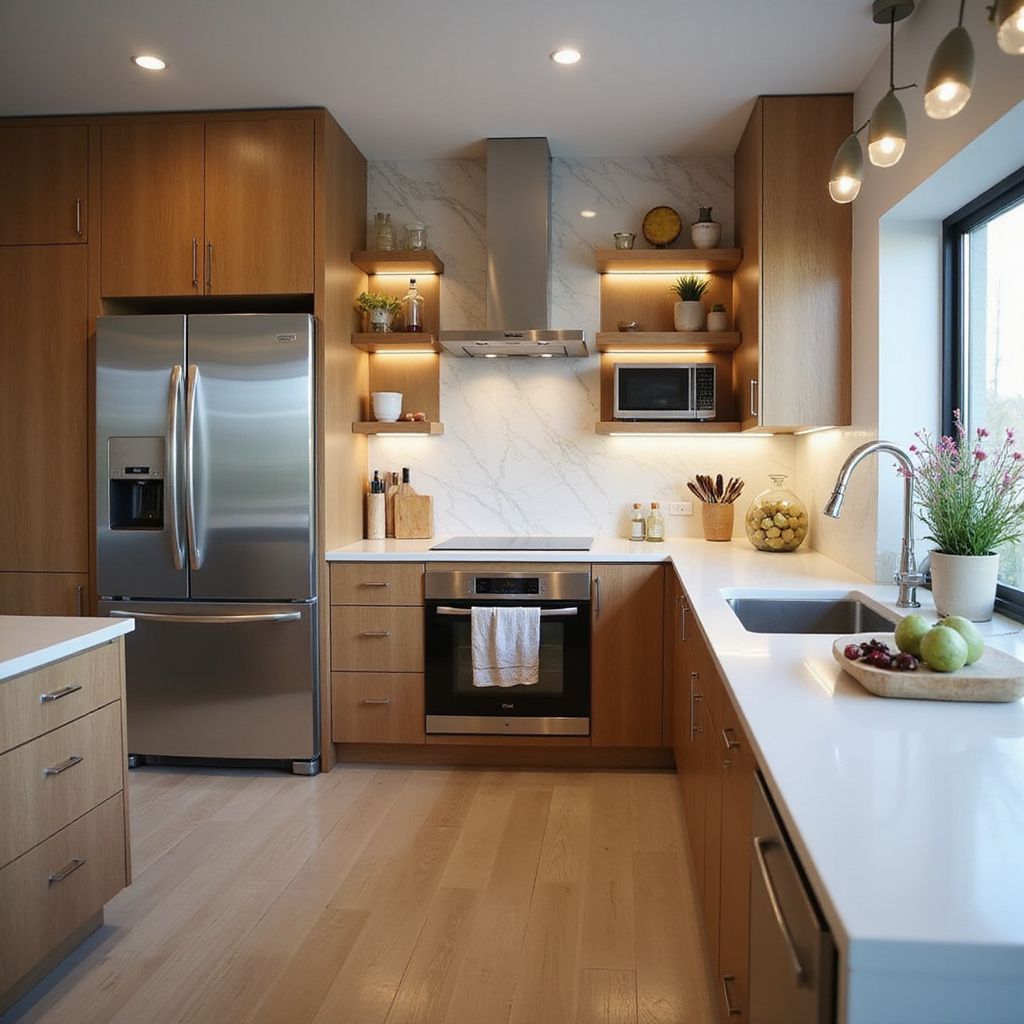 Modern kitchen with stainless steel appliances, light wood cabinets, and white countertops.