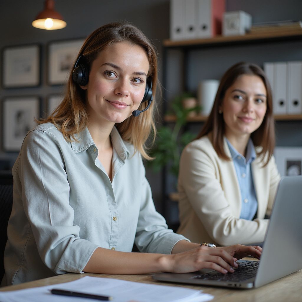 Two women working in an office; one wearing a headset, typing on a laptop, both smiling.