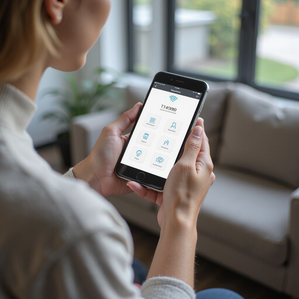 Woman holding smartphone displaying smart home app interface, indoors.