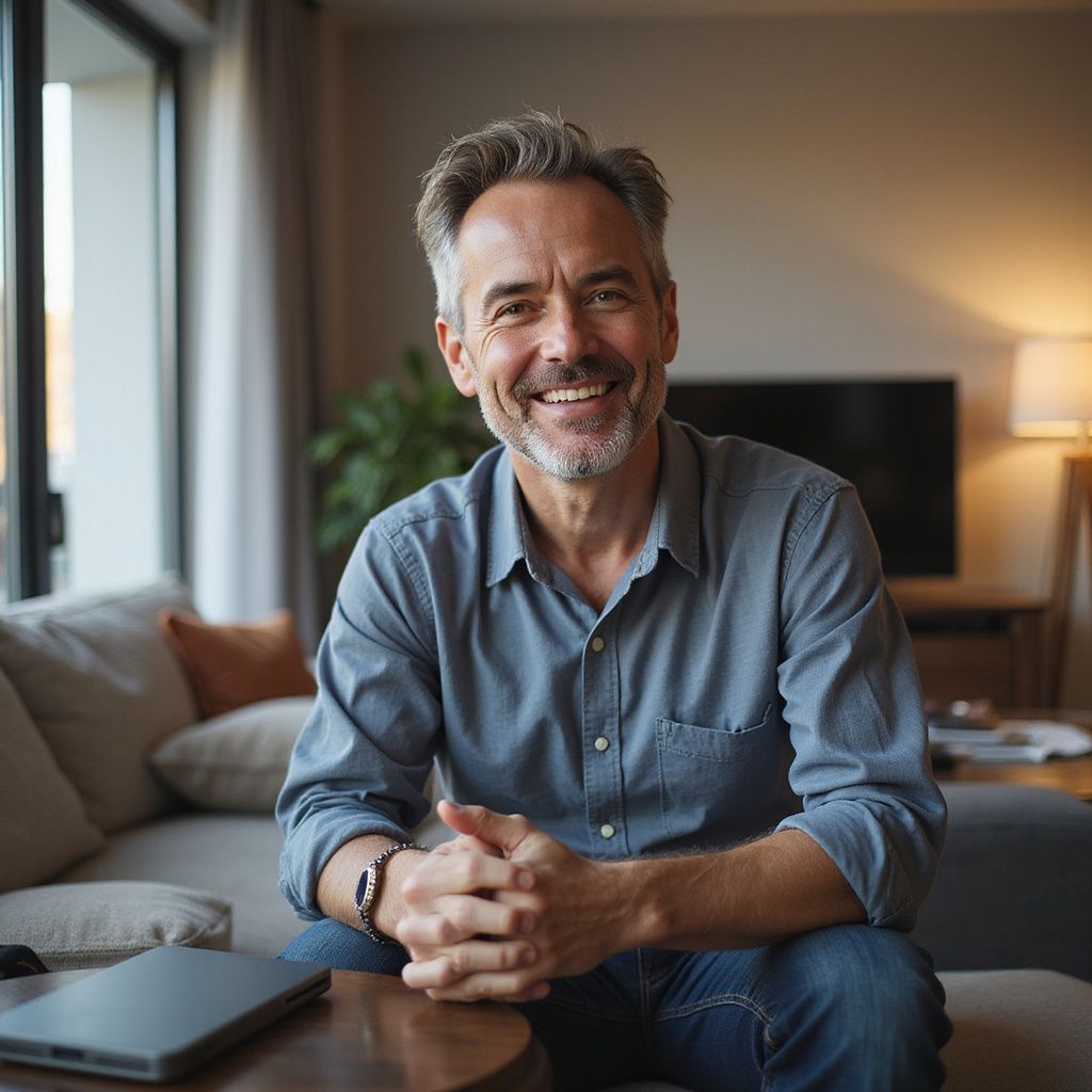Man with gray hair and beard smiles, seated on a sofa, in a living room with a laptop.