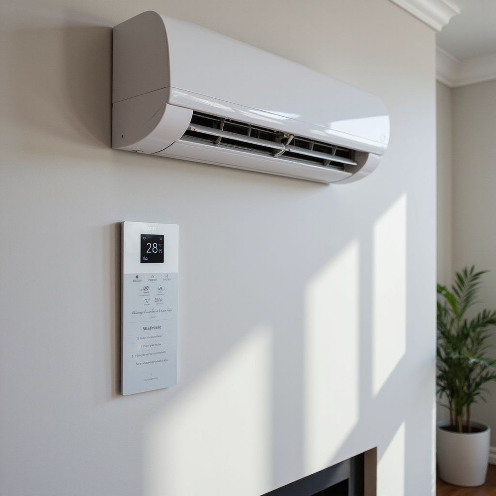White air conditioner unit and control panel mounted on a gray wall, with a houseplant in the corner.