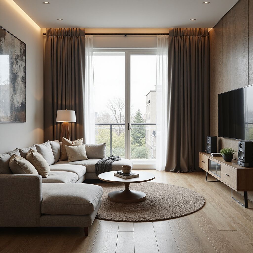 Cozy living room with neutral tones, a large window, and a sectional sofa.