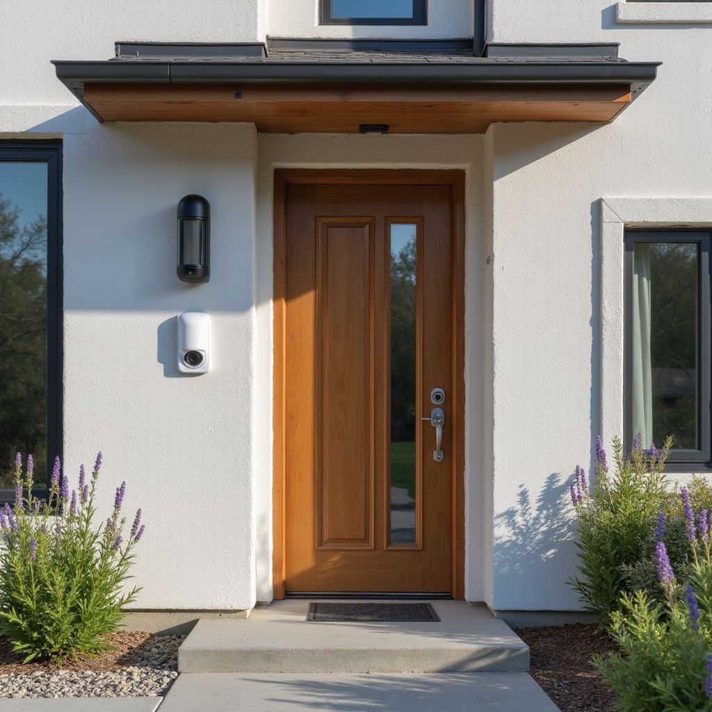 Wooden front door with glass panel, under a small awning. White stucco house with shrubs.