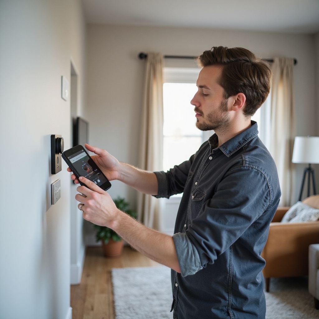 Man using a smartphone to control smart home devices on a wall in a living room.