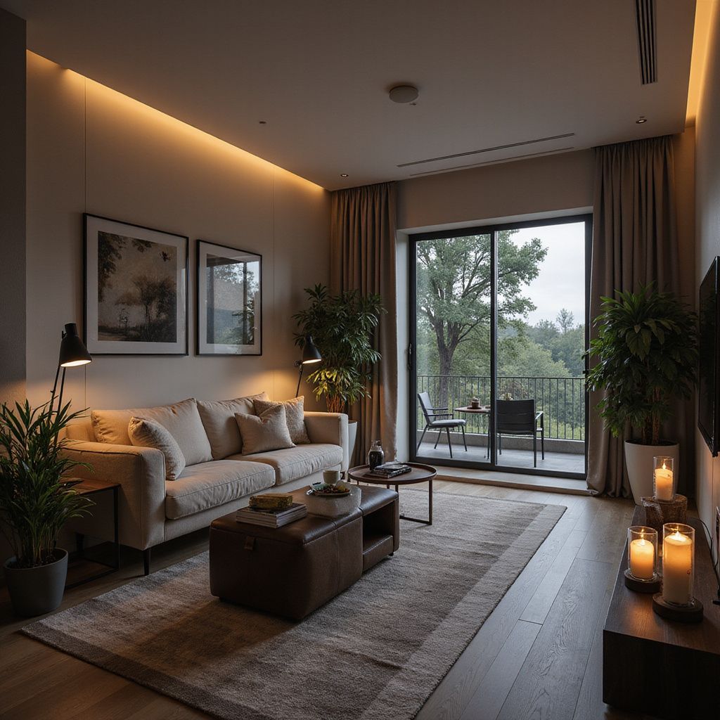 Cozy living room with beige sofa, plants, and candles. A balcony with trees is visible through the glass doors.