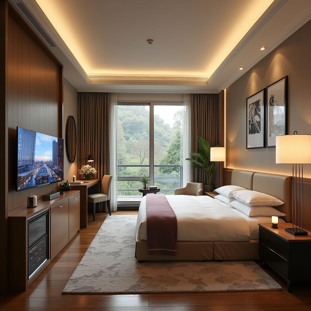 Hotel bedroom with a bed, TV, desk, window, and side tables.