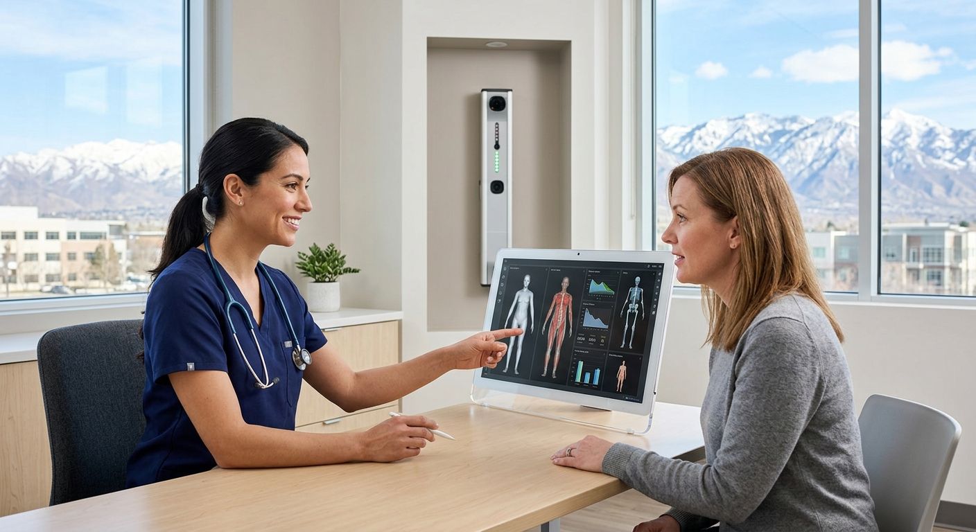 Patient and doctor talking at a bright clinic reception desk with a laptop and medical charts on the wall Patient and doctor talking at a bright clinic reception desk with a laptop and medical charts on the wall