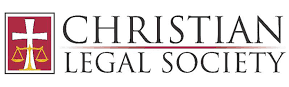 The logo for the christian legal society with a cross and scales of justice