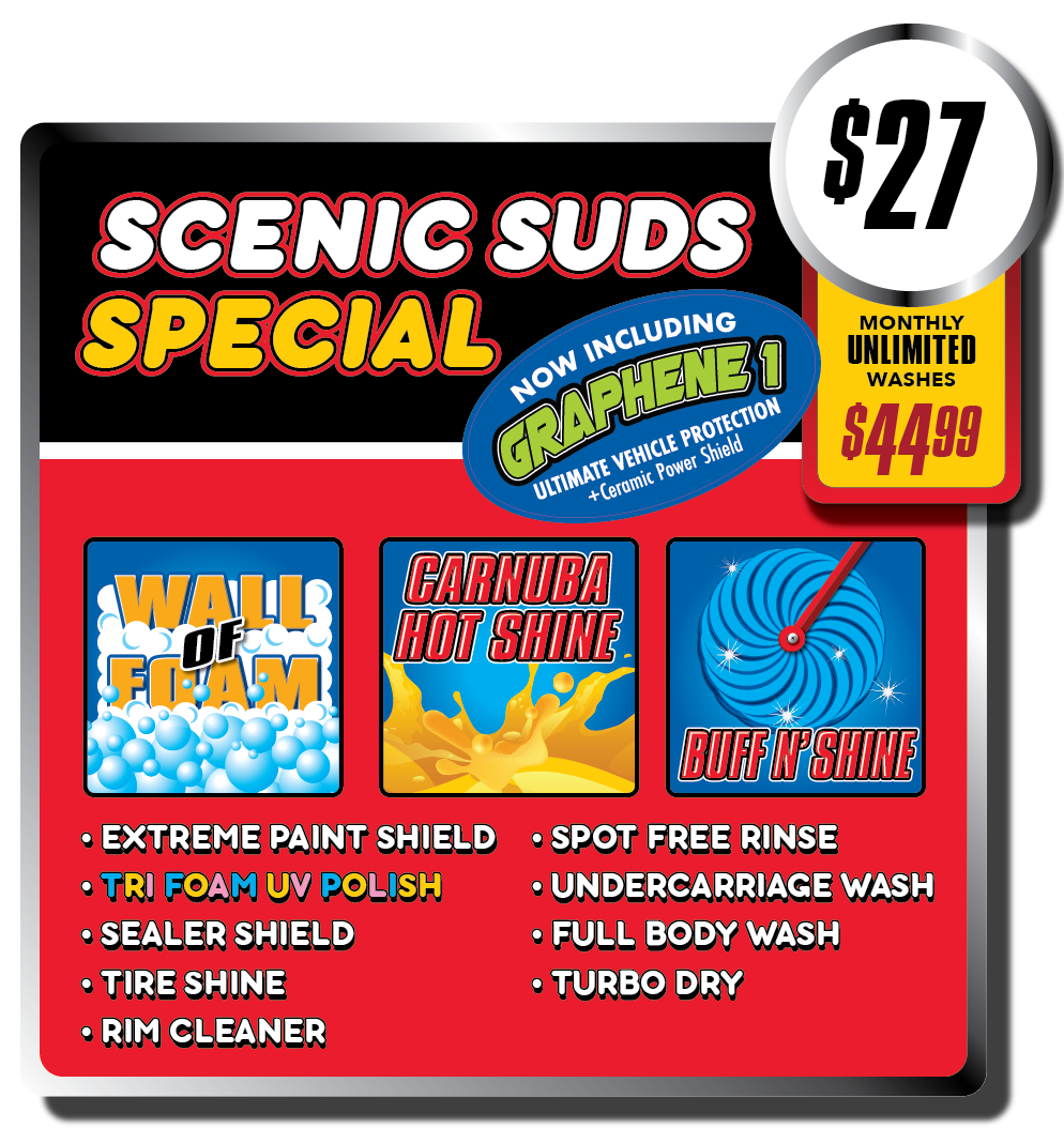 A sign that says scenic suds special for $ 27