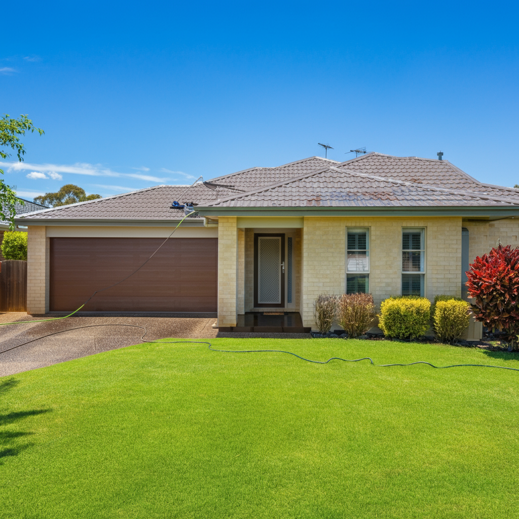 A house with a large lawn in front of it and a garage door.