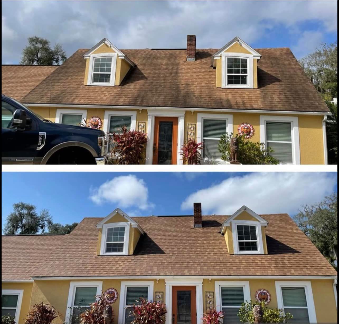 A before and after picture of a house with a truck parked in front of it.