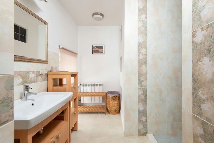 A bathroom with a sink , mirror , and walk in shower.