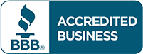 A blue and white badge that says accredited business on it.