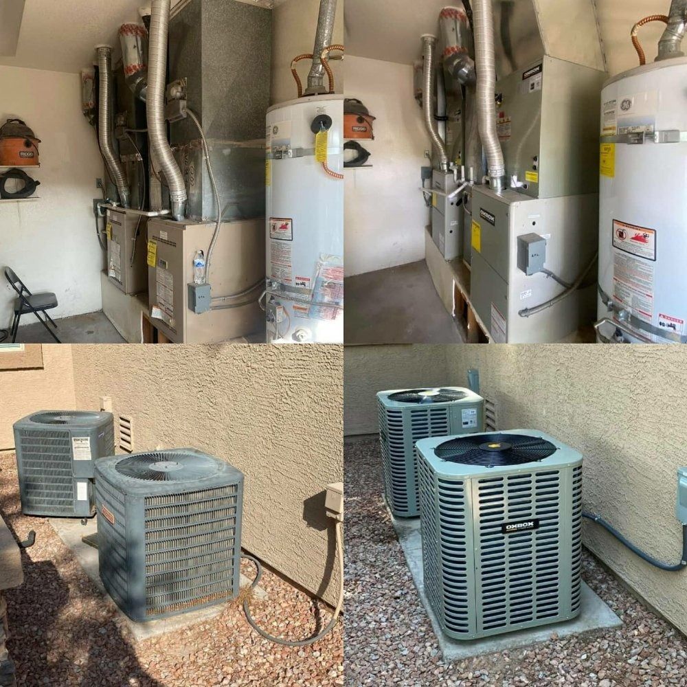 A collage of four pictures of a house 's air conditioners and water heaters.