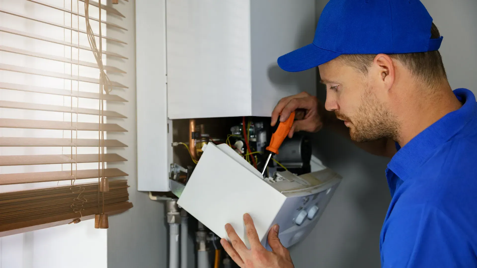 A man in a blue cap and shirt repairs a white wall-mounted heating system with a screwdriver indoors, near a window.