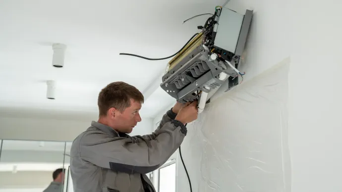 Man installing an air conditioning unit on a white wall indoors. Wires and components are visible.