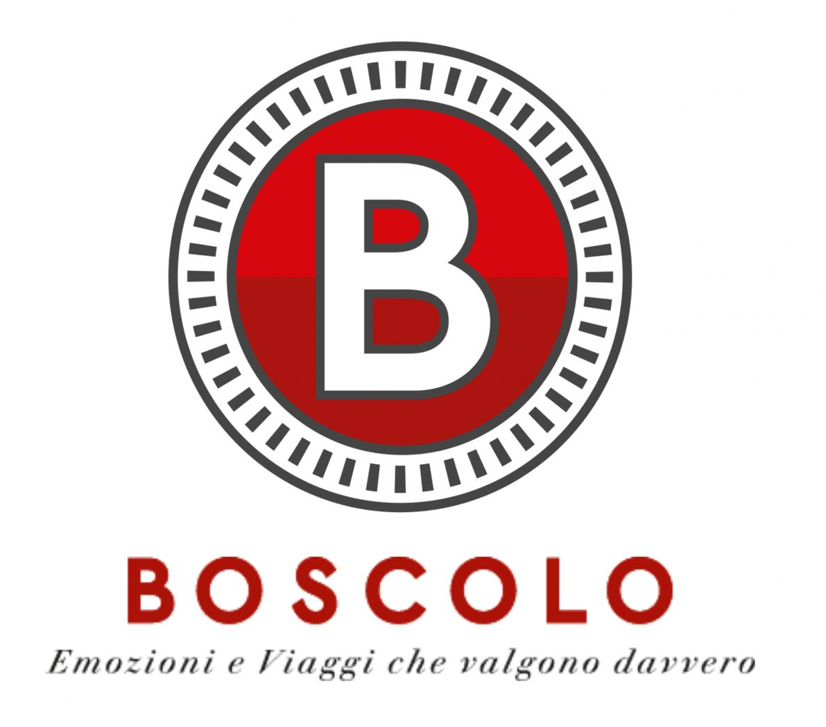 Logo Boscolo con un cerchio rosso e una "B" bianca all'interno di un cerchio grigio con la scritta "BOSCOLO" sotto.