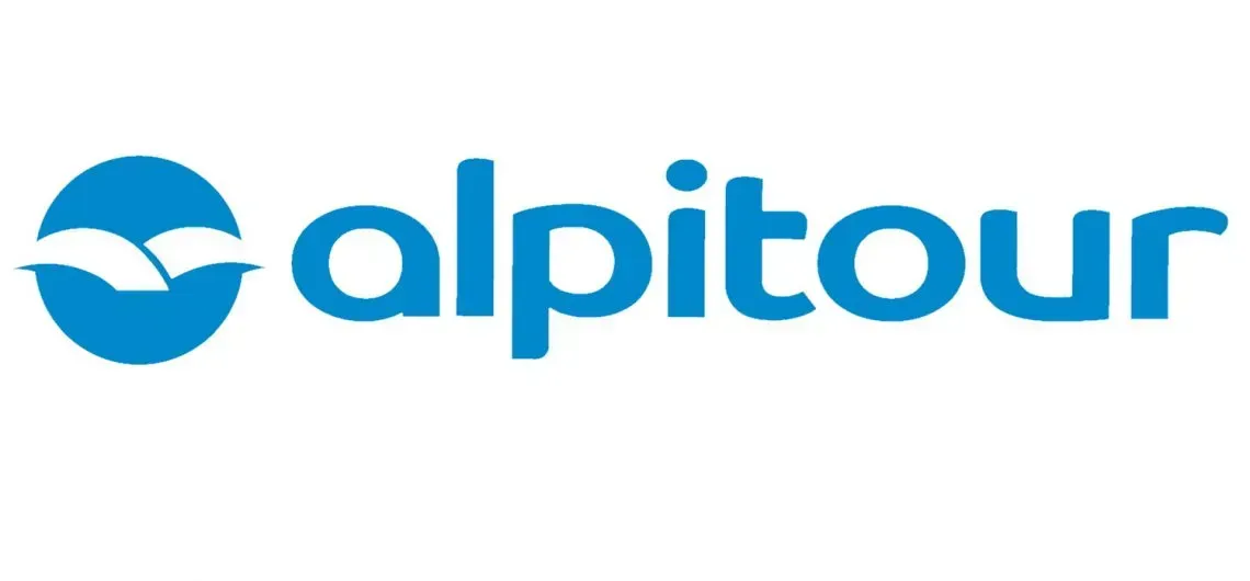 Logo Alpitour: un cerchio blu con onde stilizzate e la scritta "alpitour" in blu.