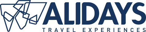 Logo per Alidays Travel Experiences, testo blu navy, grafica di forme geometriche.