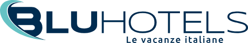 Logo BLU Hotels con testo blu navy e verde acqua. "Le vacanze italiane" sotto.
