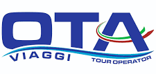Logo blu "OTA Viaggi Tour Operator" con swoosh color bandiera italiana.
