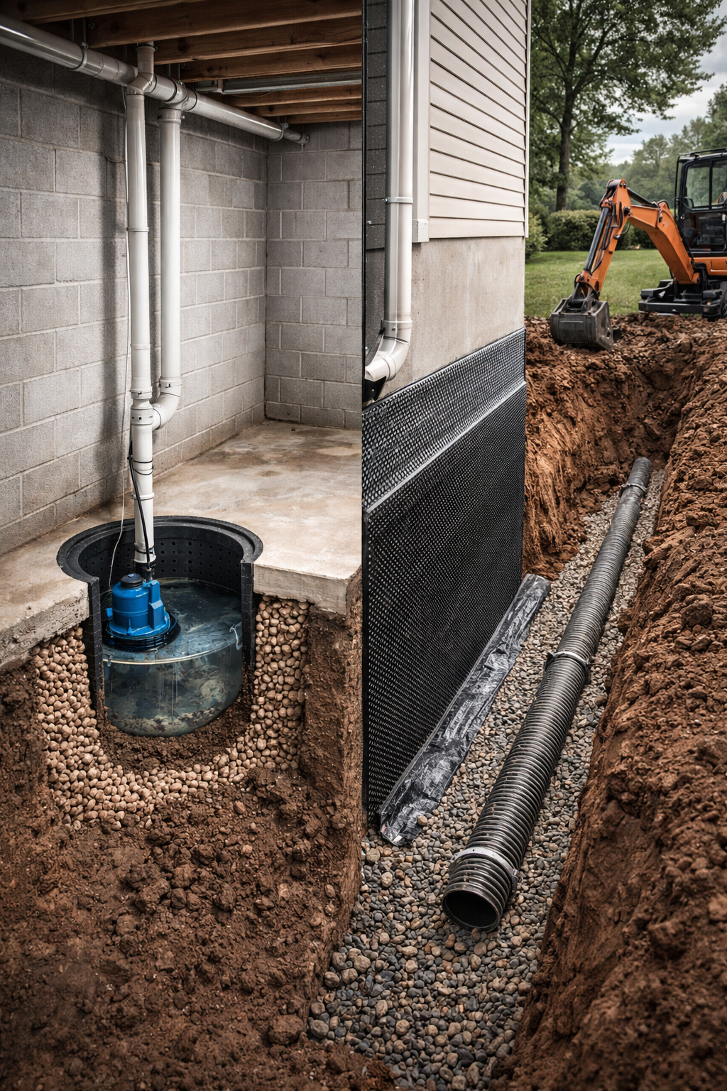 A cross-section shows a basement sump pump and an exterior French drain system installed along a concrete foundation.