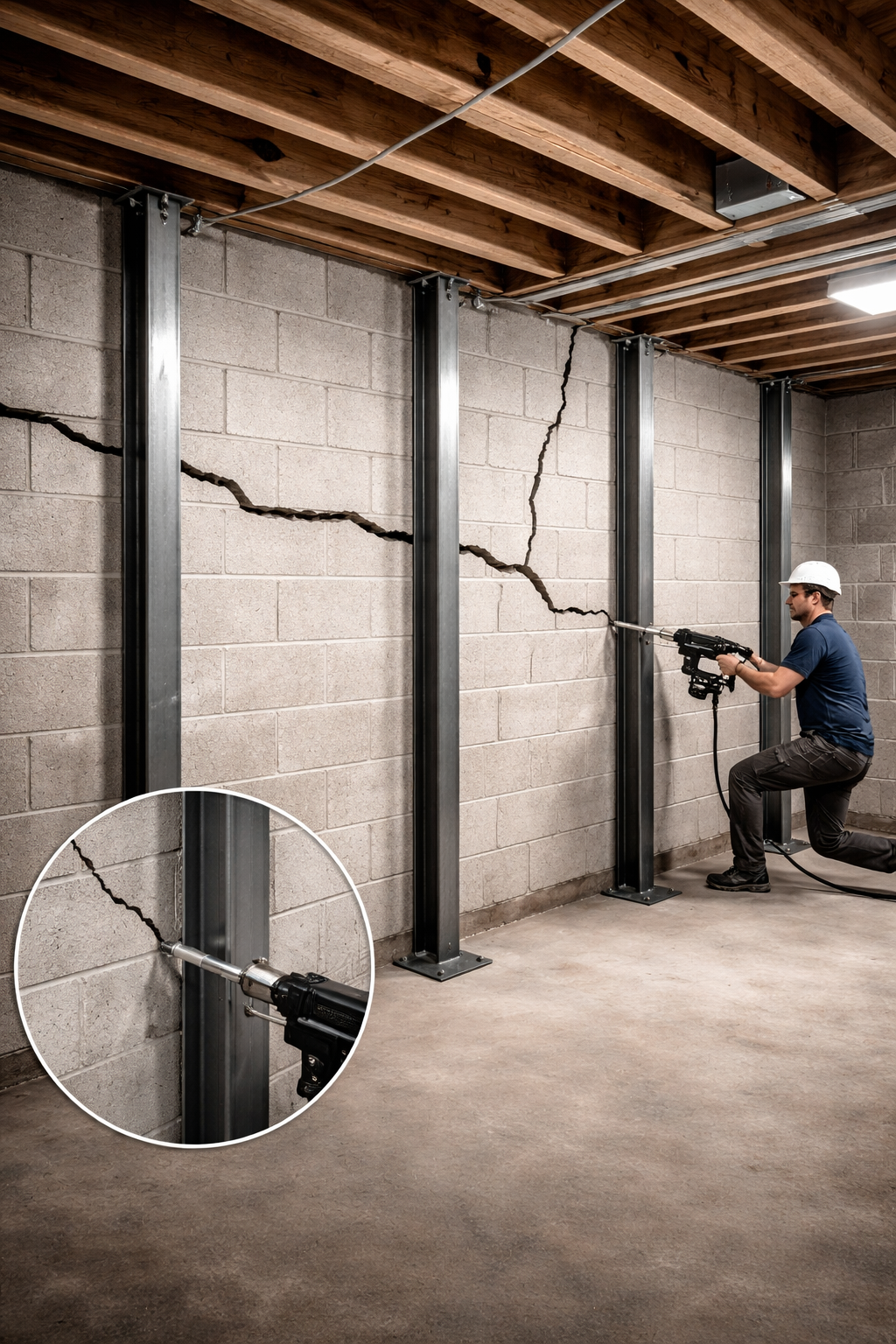 A worker uses a power tool to install steel I-beam supports against a cracked concrete block basement wall.