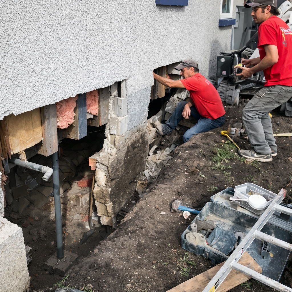 Two construction workers in red shirts repair a building foundation by installing steel support jacks in an open trench.