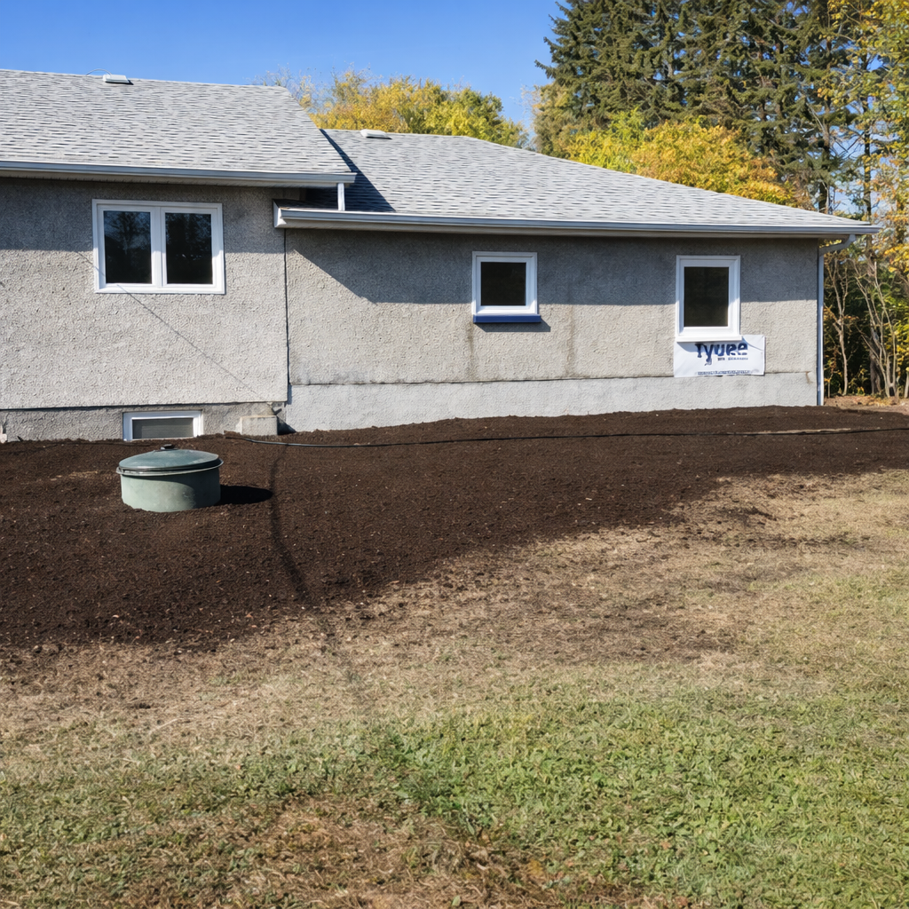 A single-story house with grey stucco walls and a shingled roof, featuring a patch of fresh soil and a septic tank cover.
