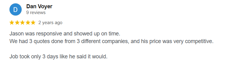 A 5-star Google review by Dan Voyer praising Jason's responsiveness, punctuality, competitive pricing, and efficiency.