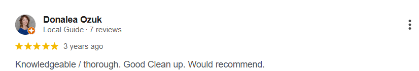 A 5-star Google review by Donalea Ozuk reading: "Knowledgeable / thorough. Good clean up. Would recommend."