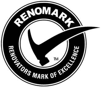 A circular black and white RenoMark logo featuring a hammer shaped into a checkmark, with text around the perimeter.