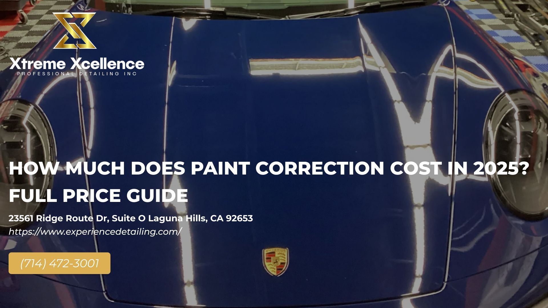 Dark blue Porsche with text overlay: 