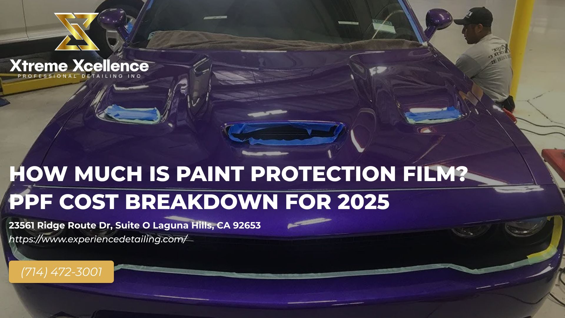 Purple car getting PPF applied by a person wearing a cap. Headline: PPF cost breakdown for 2025.