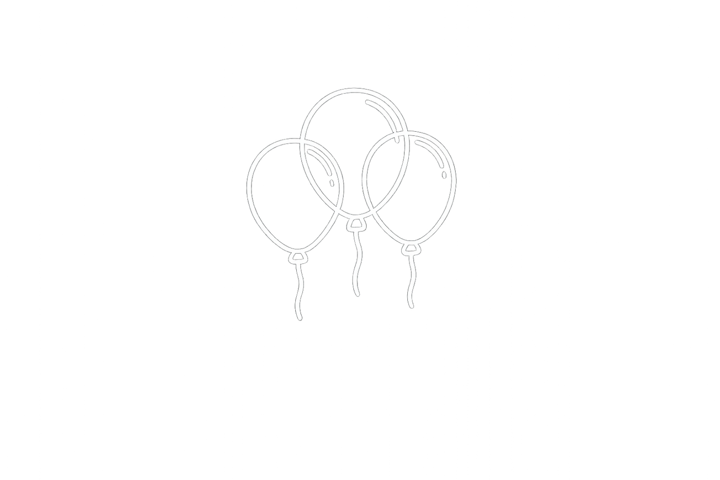 Een zwart-wit lijntekening van drie ballonnen die dicht bij elkaar hangen, elk met een klein touwtje eraan.