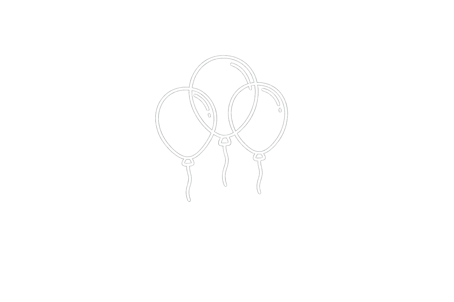 Een zwart-wit lijntekening van drie ballonnen die dicht bij elkaar hangen, elk met een klein touwtje eraan.