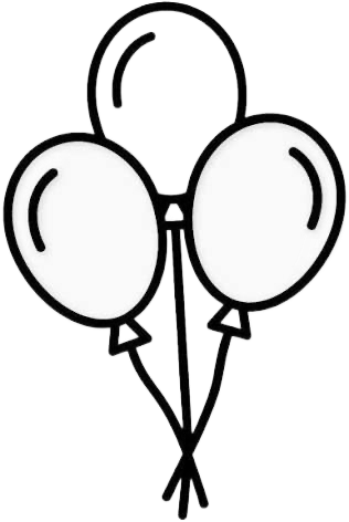Een zwart-wit lijntekening van drie ballonnen die samen tot een tros zijn gebonden.