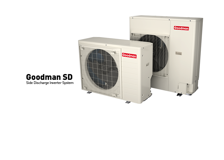 Two Goodman SD multi-discharge inverter heat pump units, white, outdoors.