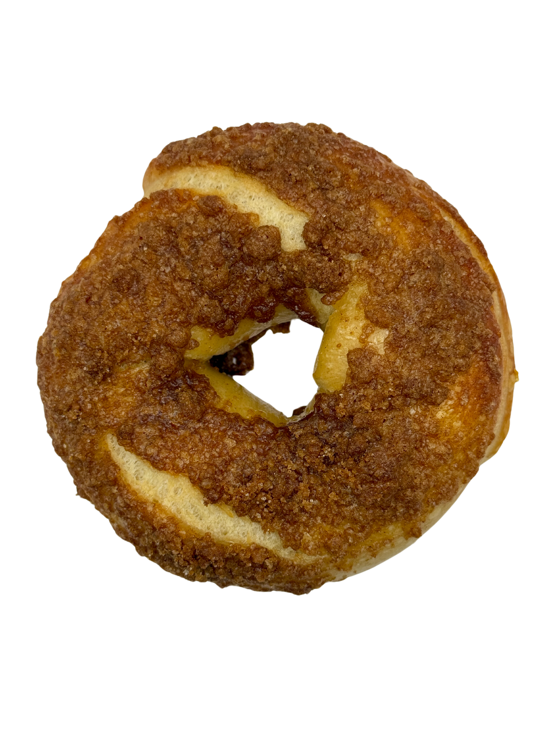 A close up of a cinnamon donut on a white background