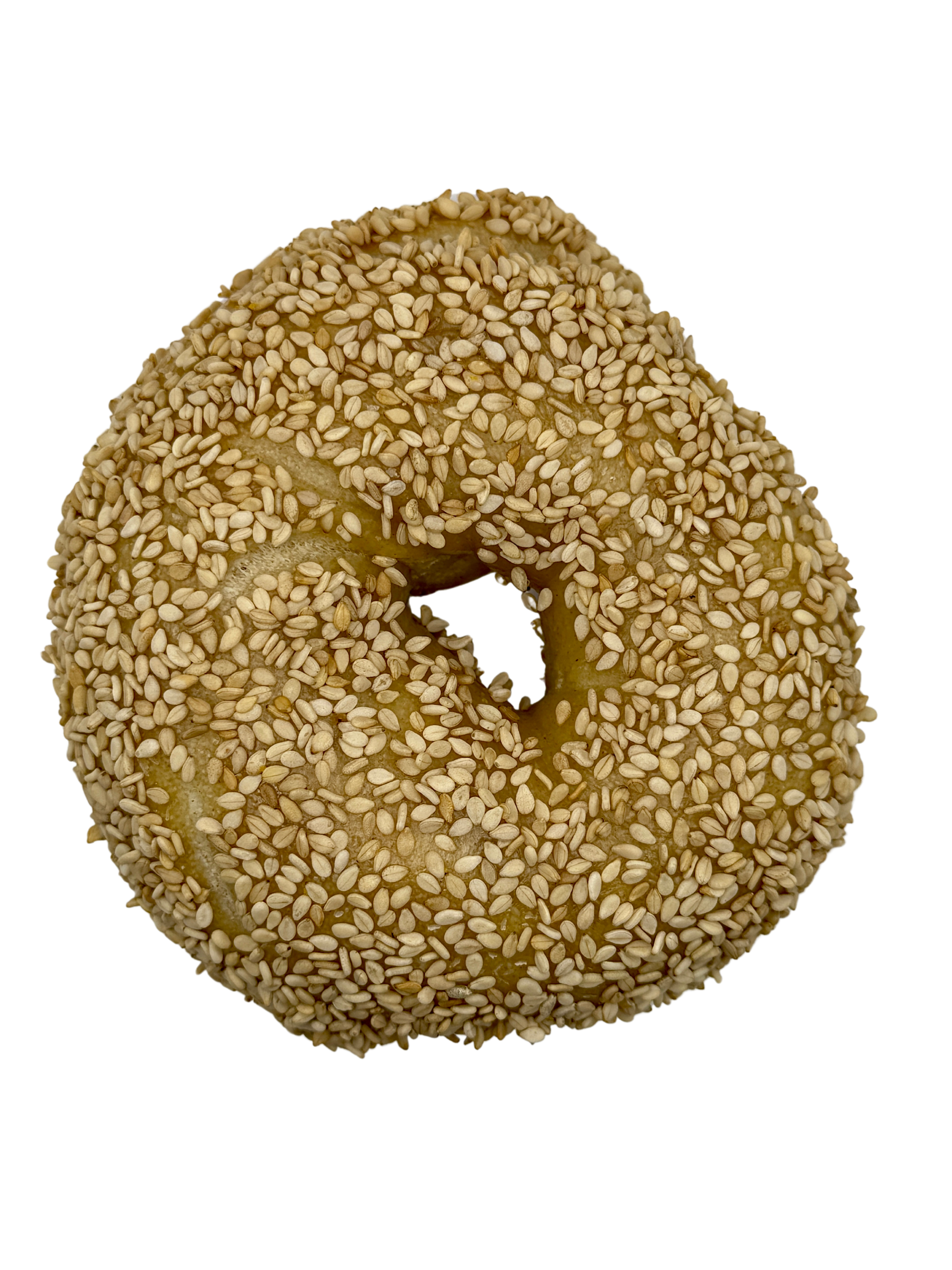 A sesame seed bagel with a hole in the middle on a white background.