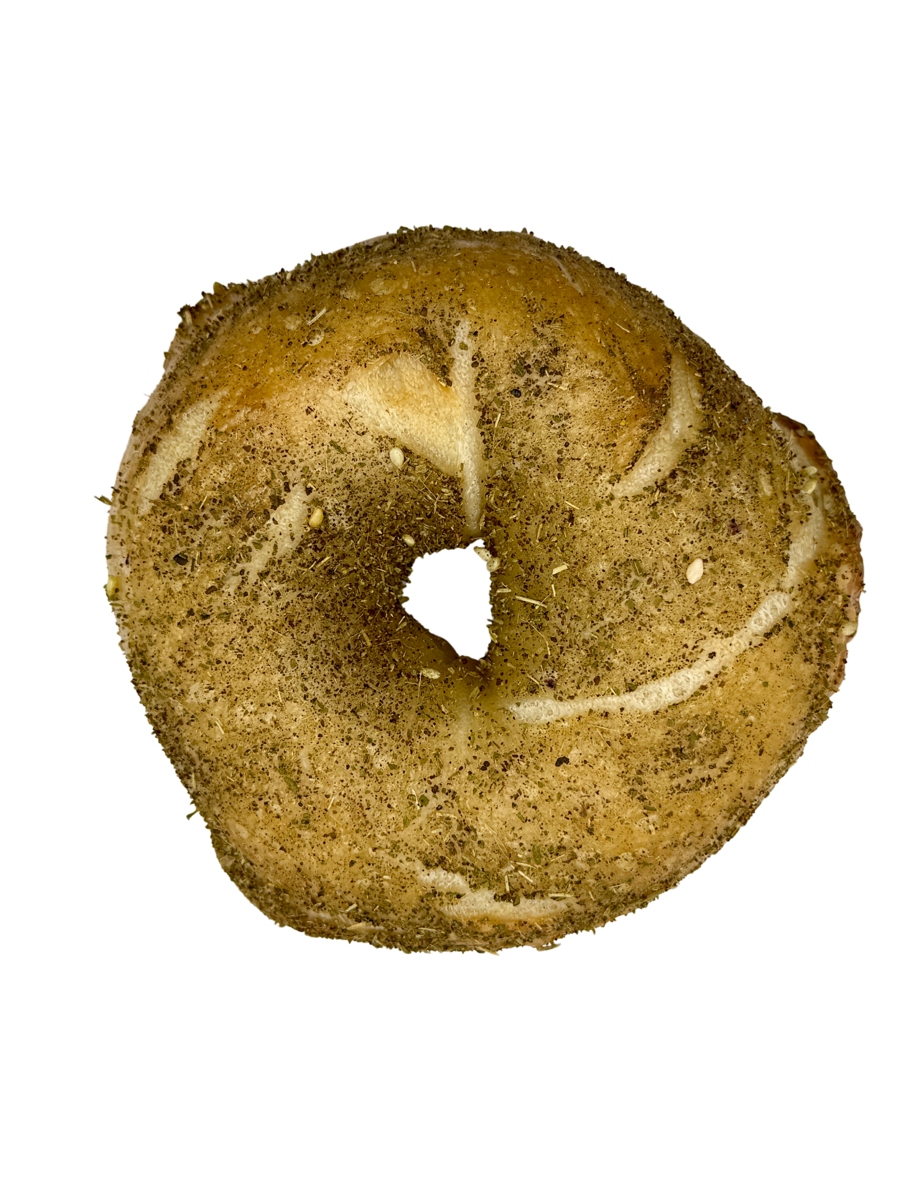 A close up of a za'artar bagel on a white background.