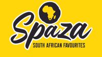 A logo for spazio south african favourites on a yellow background