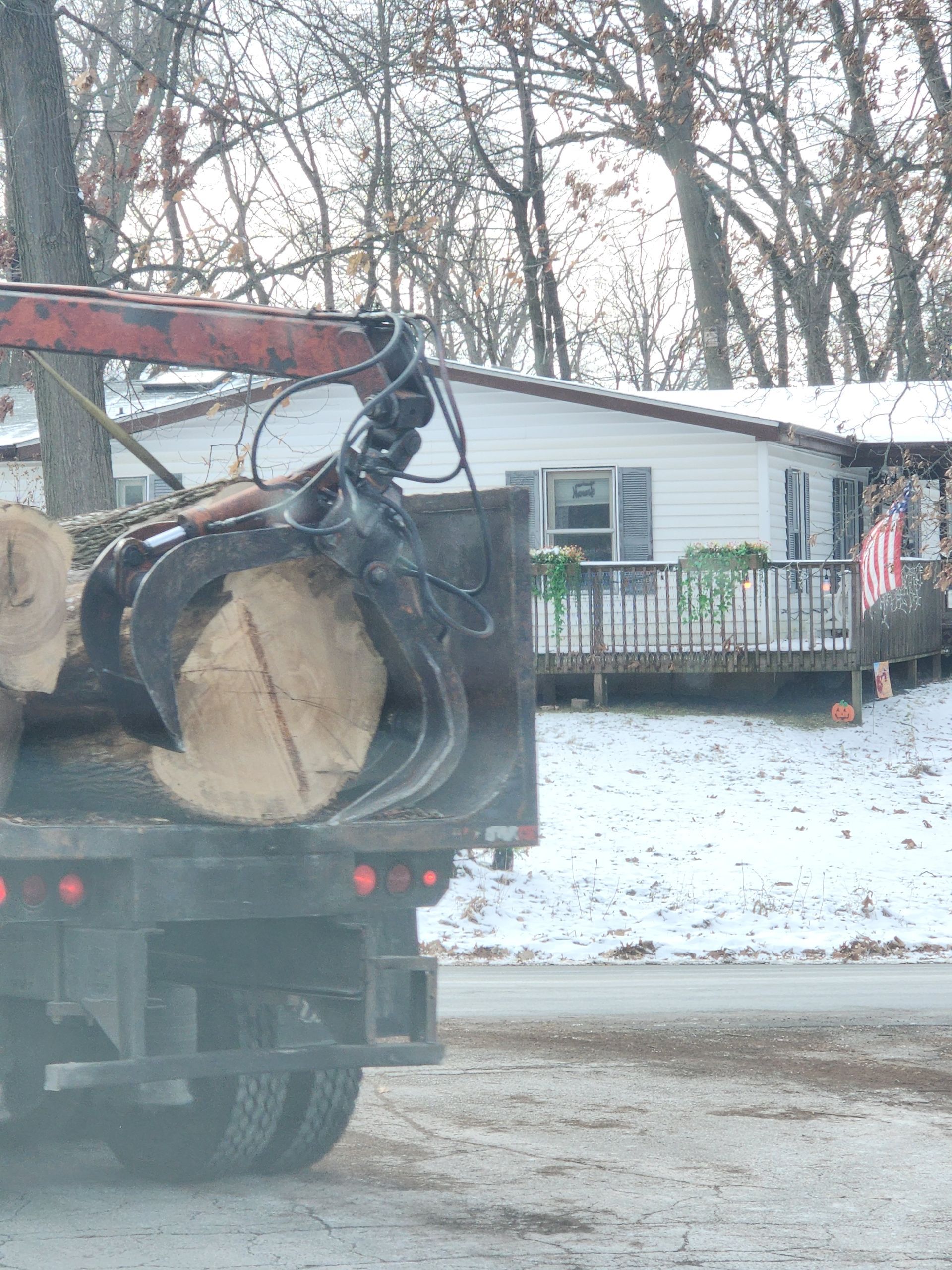 A truck with a crane on the back is carrying logs.