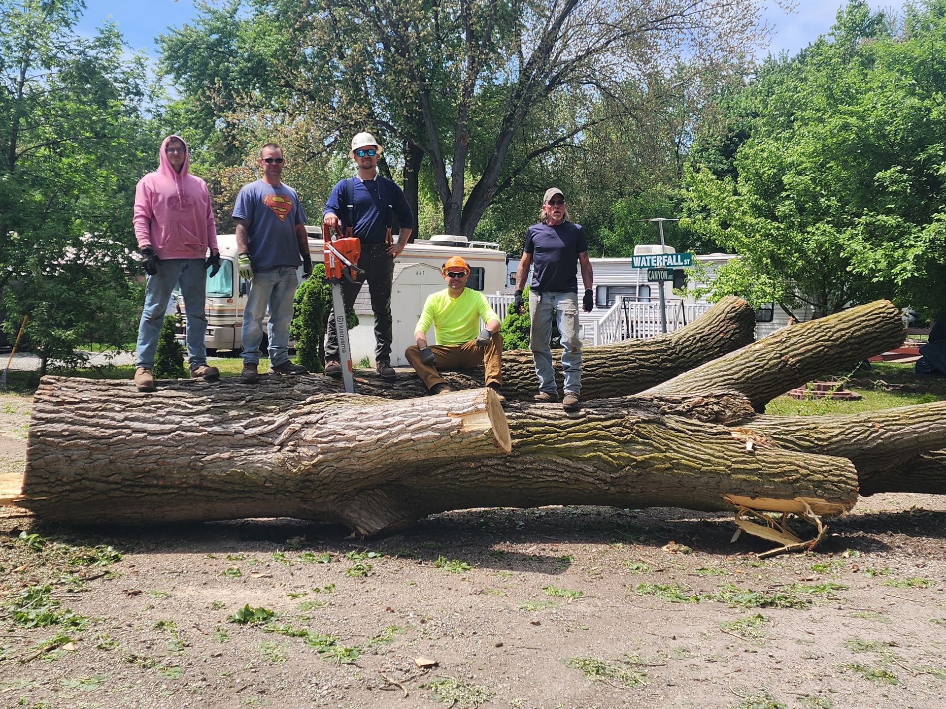 A group of men are standing around a large log.