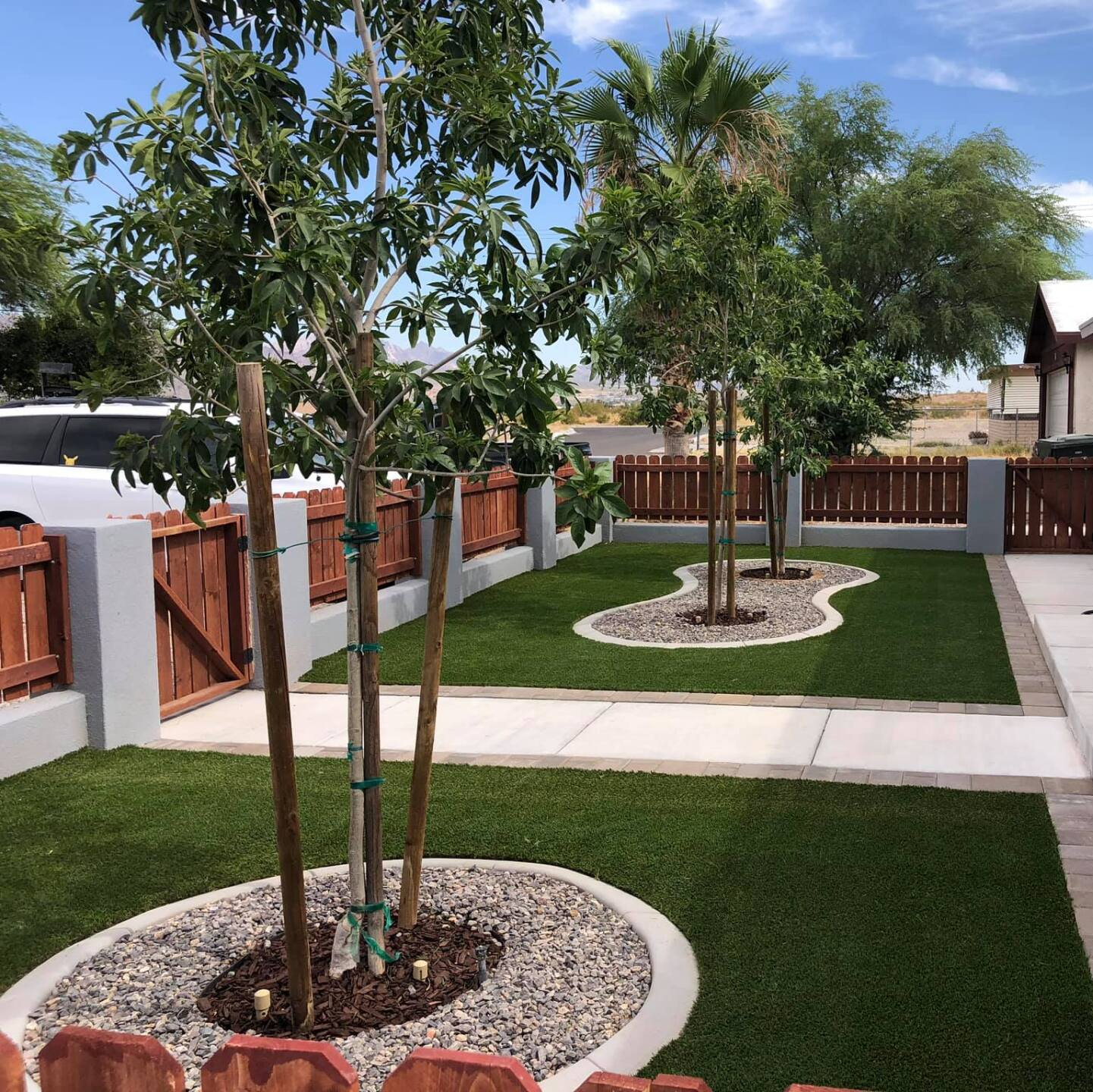 A lawn with trees and a fence in the background